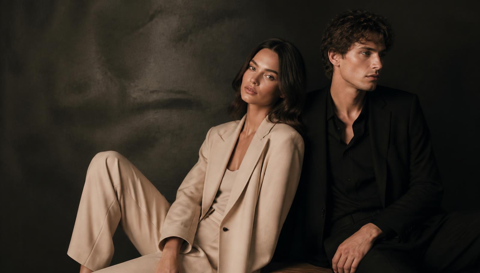Editorial da coleção com modelos em alfaiataria bege e preta